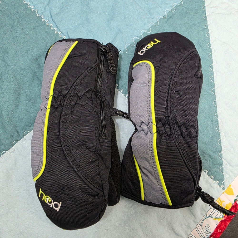 Head Outlast Ski Mittens Youth XS Black Grey Neon Yellow Fleece Lined Zipper